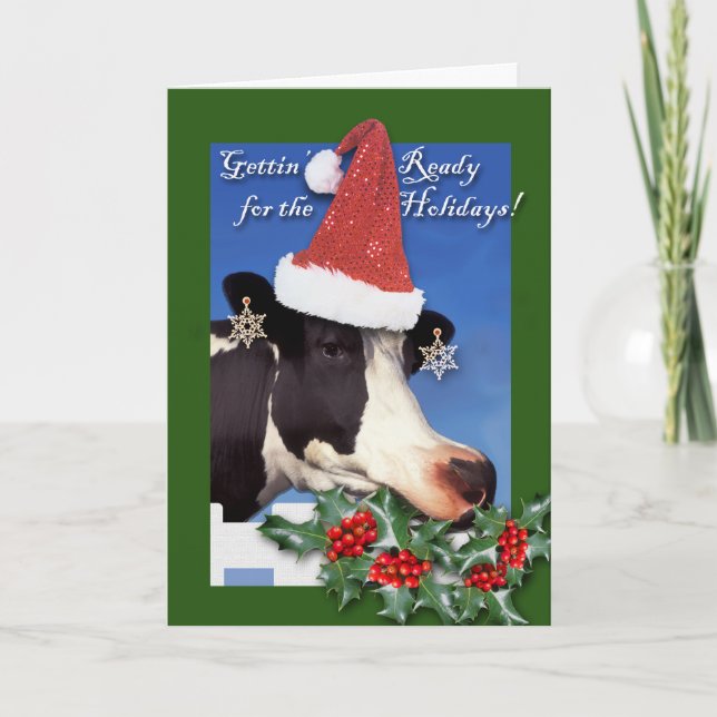 Cartes Pour Fêtes Annuelles Noël de la vache drôle, Boughs sans fin de Holly (Devant)