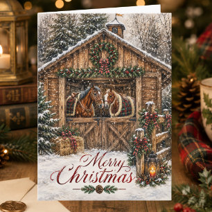 Cartes Pour Fêtes Annuelles Noël de l'amoureux des chevaux dans une grange de
