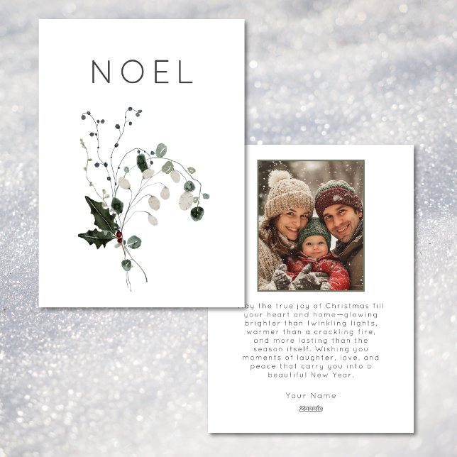 Cartes Pour Fêtes Annuelles Noel de Noël Rustique Minimal photo Holly (Christmas Noel Rustic Minimal Holly Photo Holiday Card)