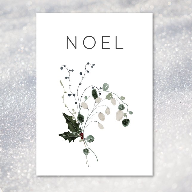 Cartes Pour Fêtes Annuelles Noel de Noël Rustique minimal Végétation Holly (Christmas Noel Rustic Minimal Holly Greenery Holiday Card)