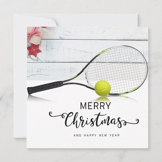 Cartes Pour Fêtes Annuelles Noël de tennis avec balle de tennis et raquette (Devant)