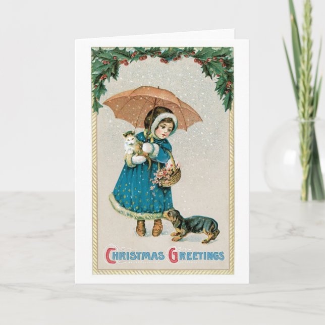 Cartes Pour Fêtes Annuelles Noël démodé, fille avec le chat et chien (Devant)