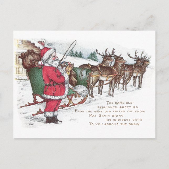 Cartes Pour Fêtes Annuelles Noël des millésimes père Noël, Sleigh et Reindeer (Devant)