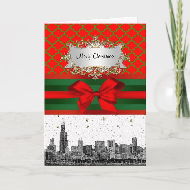 Cartes Pour Fêtes Annuelles Noël des Red Green Quatrefoil de Chicago Skyline (Devant)