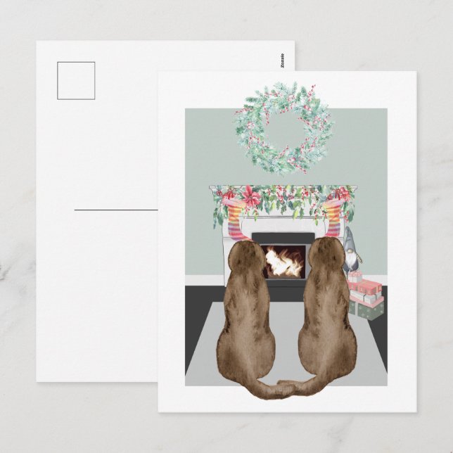 Cartes Pour Fêtes Annuelles Noël Deux Chiens du Labrador Choc Cheminée Scène (Devant / Derrière)
