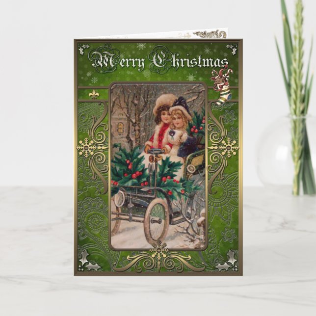 Cartes Pour Fêtes Annuelles Noël - Deux filles dans la voiture en hiver. (Devant)