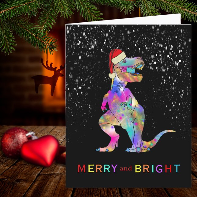 Cartes Pour Fêtes Annuelles Noël Dinosaur Joyeux et brillant Père Noël (Dinosaur Christmas T-Rex merry and bright fun holiday greetings card)