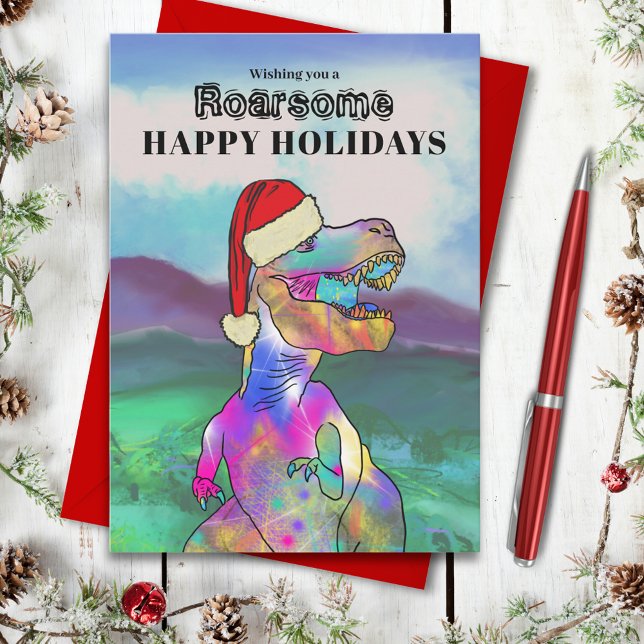 Cartes Pour Fêtes Annuelles Noël Dinosaure T-Rex (Christmas dinosaur roarsome happy holidays greetings card with T-Rex wearing a Santa hat)