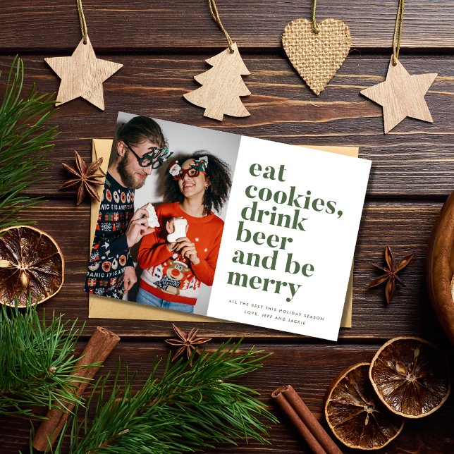 Cartes Pour Fêtes Annuelles Noël Drôle Boire Bière Soyez Joyeux Couple Photo (Christmas Funny Drink Beer Be Merry Couple Photo Holiday Card)