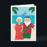 Cartes Pour Fêtes Annuelles Noël drôle de plage du père noël<br><div class="desc">Illustration d'amusement de Père Noël et de Mme Claus prenant un selfie leurs vacances de plage. À l'arrière-plan est un trio de renne appréciant l'océan.</div>