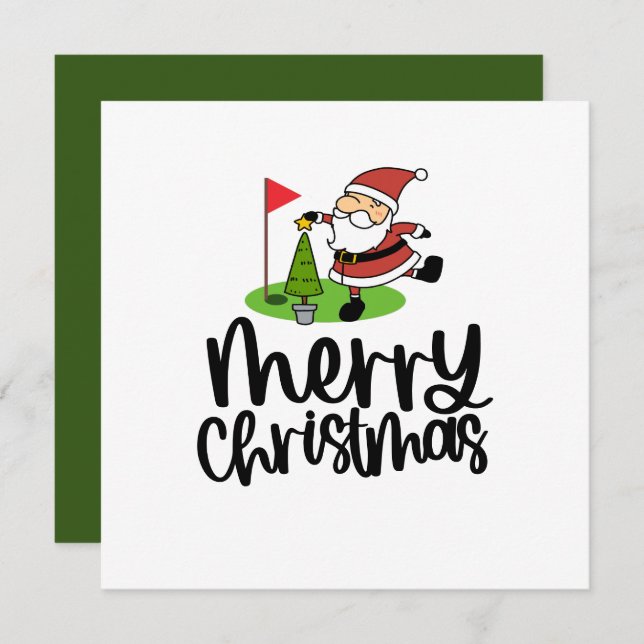 Cartes Pour Fêtes Annuelles Noël du golfeur avec drapeau du golf et Père Noël (Devant / Derrière)