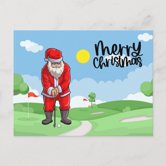 Cartes Pour Fêtes Annuelles Noël du golfeur avec drapeau du golf et Père Noël (Devant)