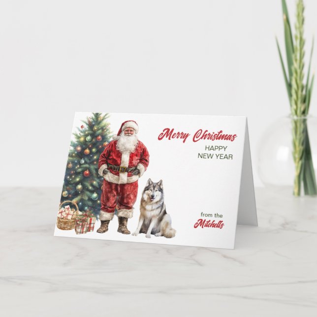 Cartes Pour Fêtes Annuelles Noël du Père Noël et du Malamute de l'Alaska (Devant)