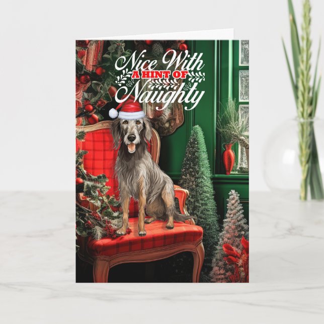 Cartes Pour Fêtes Annuelles Noël écossais Deerhound Dog Naughty ou Nice (Devant)