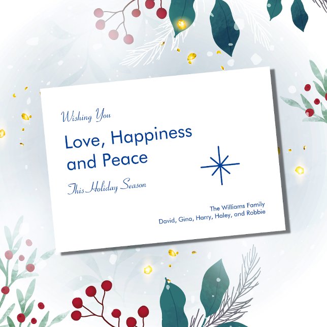 Cartes Pour Fêtes Annuelles Noël Élégant Script Peace Love Blue Snowflake (Créateur téléchargé)