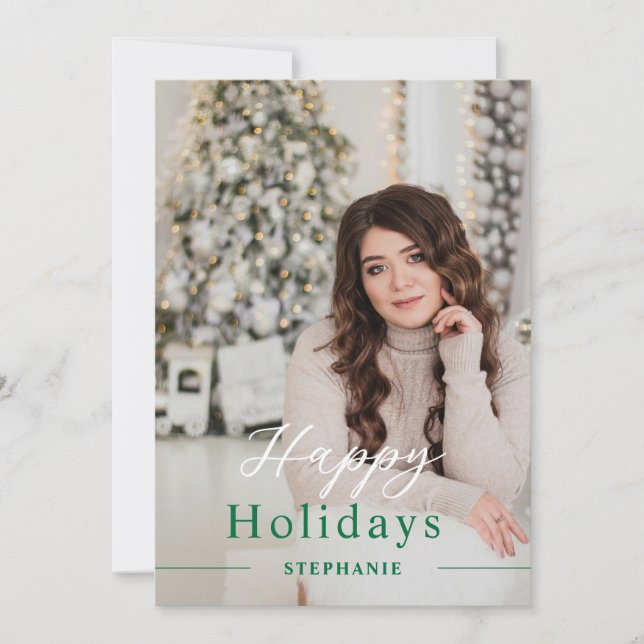 Cartes Pour Fêtes Annuelles Noël Elégant Script Photo Green Happy (Devant)