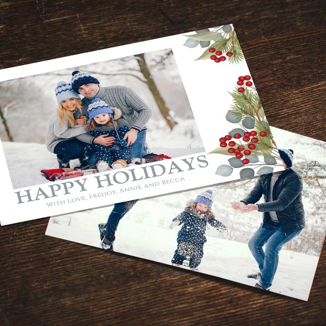 Cartes Pour Fêtes Annuelles Noël Elégant Winter Holly Berries 2 Photo (Happy Holidays photo card with blue eucalyptus and winter greenery. )