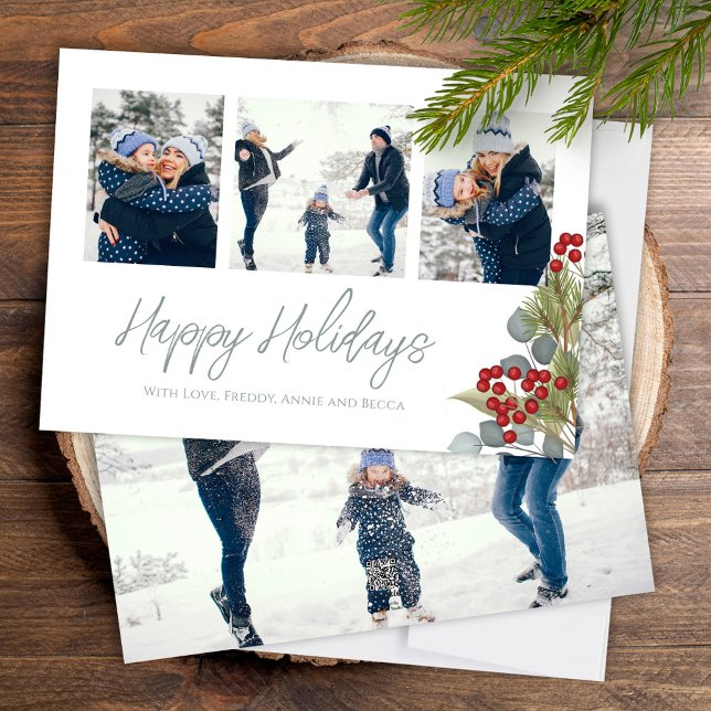 Cartes Pour Fêtes Annuelles Noël Elégant Winter Holly Berries 4 Photo (Happy Holiday calligraphy script Christmas photo card with a four photo template. )