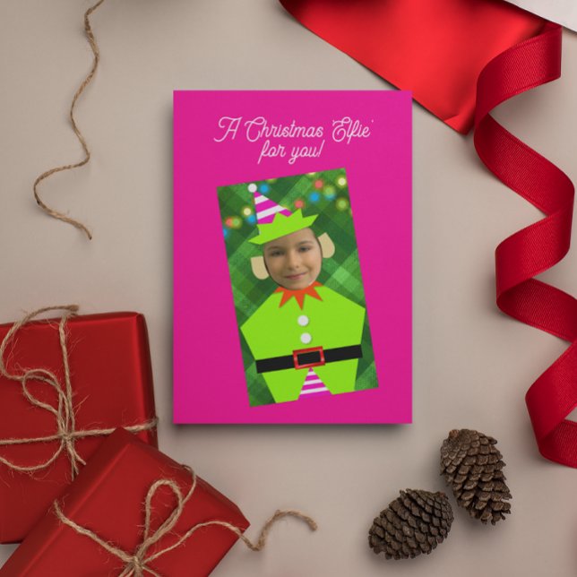 Cartes Pour Fêtes Annuelles Noël Elfie rose photo personnalisée Noël (Créateur téléchargé)