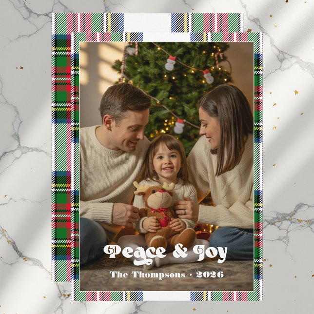 Cartes Pour Fêtes Annuelles Noël en famille à carreaux tartan Peace & Joy lumi (Peace & Joy Bright Tartan Plaid Family Christmas Holiday Card)