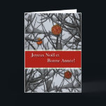 Cartes Pour Fêtes Annuelles Noël en France, ornements en neige<br><div class="desc">Des ornements de Noël nichés dans des branches enneigées ornent la couverture de cette carte française de Noël. Copyright © Shoaff Ballanger Studios.</div>