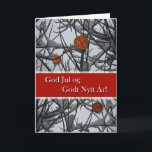 Cartes Pour Fêtes Annuelles Noël en Norvège, ornements en neige<br><div class="desc">Des ornements de Noël nichés dans des branches enneigées décorent cette carte de voeux de Noël en papier écrite en norvégien. Copyright © Shoaff Ballanger Studios.</div>