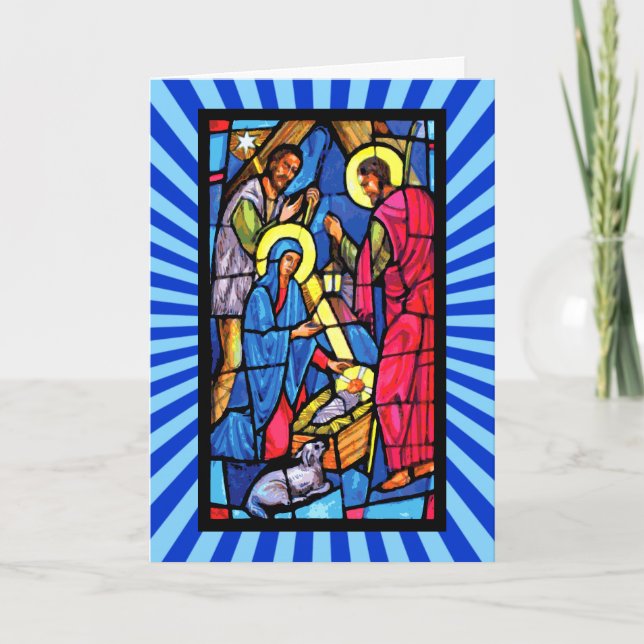 Cartes Pour Fêtes Annuelles Noël en verre souillé de bourdonnement de nativité (Devant)