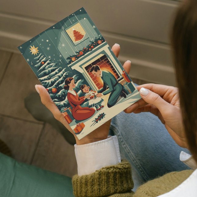 Cartes Pour Fêtes Annuelles Noël familial rétro près de la cheminée (Créateur téléchargé)