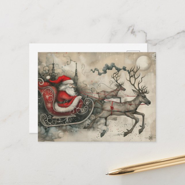 Cartes Pour Fêtes Annuelles Noël fantastique Père Noël et son renne (Devant/Arrière en situation)