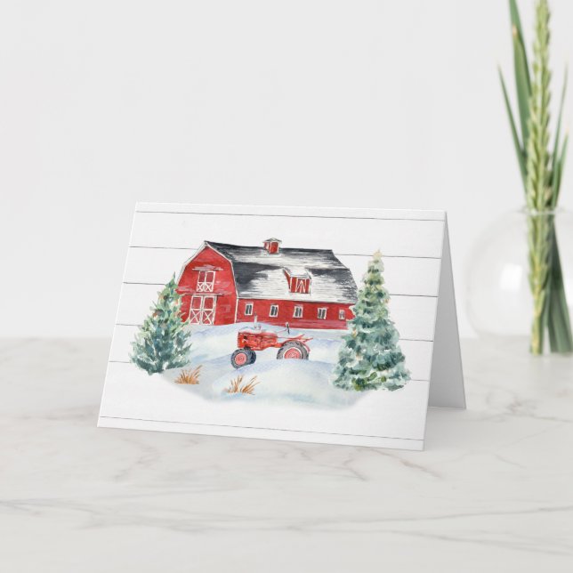 Cartes Pour Fêtes Annuelles Noël Ferme Rustique Planches de Bois Tracteur Neig (Devant)