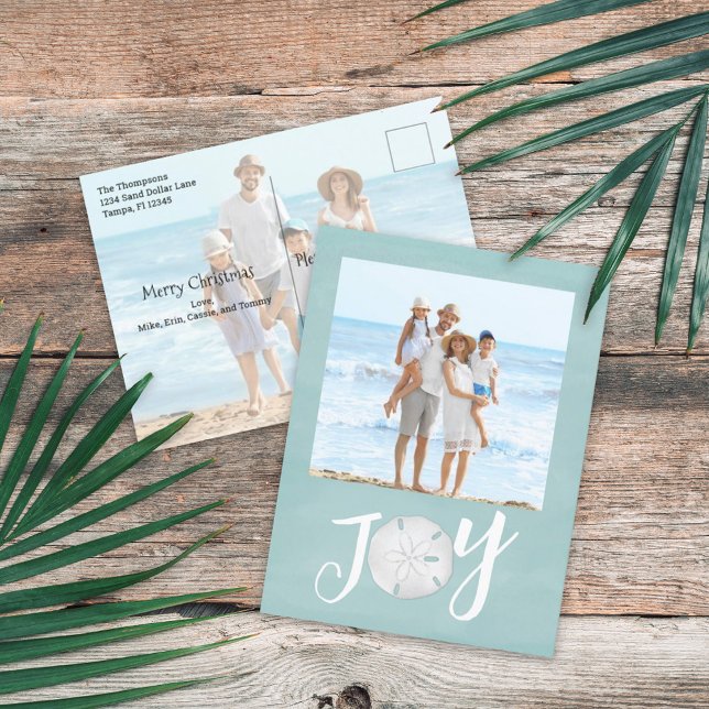 Cartes Pour Fêtes Annuelles Noël Fête Joie Photo Simple Plage Budget (Christmas Holiday Joy Typography Sand Dollar Beach Two Photo Postcard)