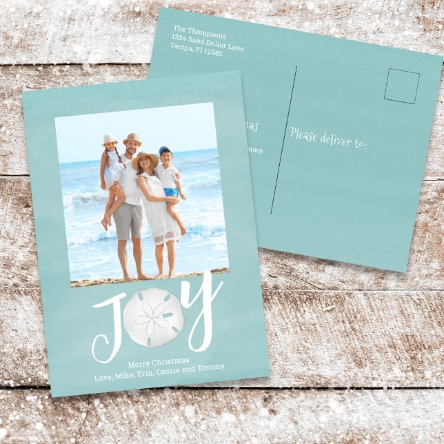 Cartes Pour Fêtes Annuelles Noël Fête Joie Photo Simple Plage Budget (Christmas Holiday Joy Typography Sand Dollar Beach Photo Postcard)