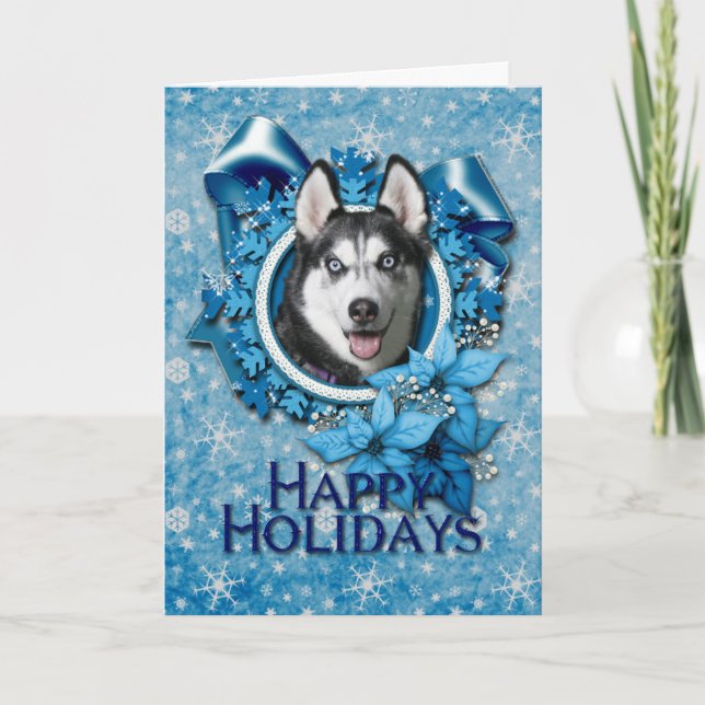 Cartes Pour Fêtes Annuelles Noël - flocons de neige bleus - chien de traîneau (Devant)
