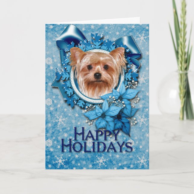Cartes Pour Fêtes Annuelles Noël - flocons de neige bleus - Yorkshire Terrier (Devant)