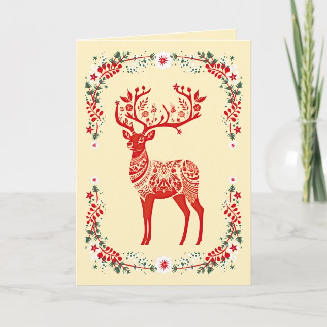 Cartes Pour Fêtes Annuelles Noël floral des rennes scandinaves rouges (Devant)