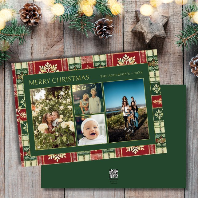 Cartes Pour Fêtes Annuelles Noël Floral Plaid Family 4 Photo Collage (Créateur téléchargé)
