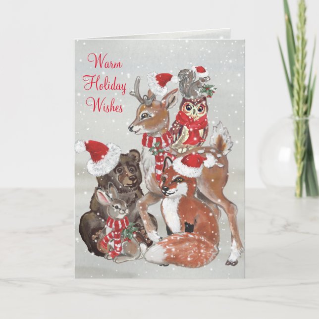 Cartes Pour Fêtes Annuelles Noël Forêt Boisée Animaux Neige hiver mou (Devant)