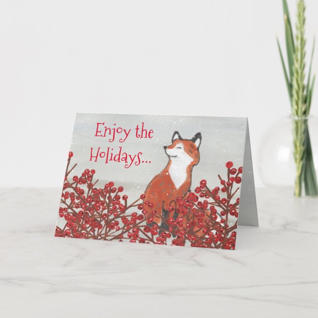 Cartes Pour Fêtes Annuelles Noël Fox Red Berries Vacances hivernales drôle (Devant)