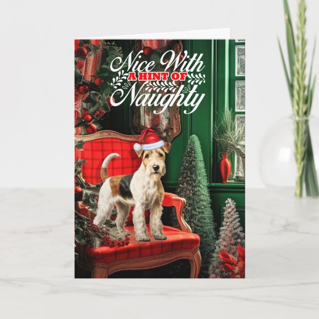 Cartes Pour Fêtes Annuelles Noël Fox Terrier Chien Naughty ou Nice (Devant)