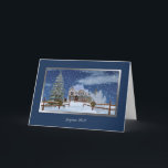 Cartes Pour Fêtes Annuelles Noël, Français, Joyeux Noël<br><div class="desc">Ceci une langue française, Joyeux Noël, carte de vacances. Cette peinture numérique comporte une maison dans un arrangement neigeux d'hiver. Les vacances tressent décorent les courriers de barrière accueillant des visiteurs. Une frontière bleu-foncé bordée avec de l'argent accomplit l'image. La maison et les arbres de base sont de l'art de...</div>