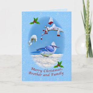 Cartes Pour Fêtes Annuelles Noël, Frère et famille, Oiseau bleu et neige