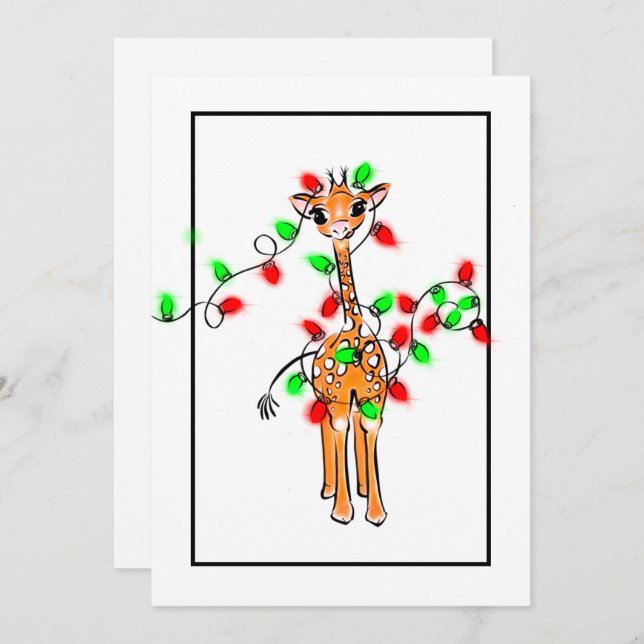Cartes Pour Fêtes Annuelles Noël girafe vert rouge scintillant (Devant / Derrière)