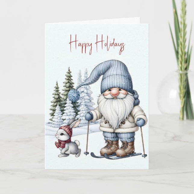 Cartes Pour Fêtes Annuelles Noël Gnome Ski avec un lapin (Devant)