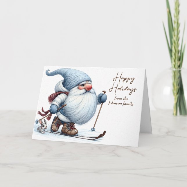 Cartes Pour Fêtes Annuelles Noël Gnome Ski avec un lapin (Devant)