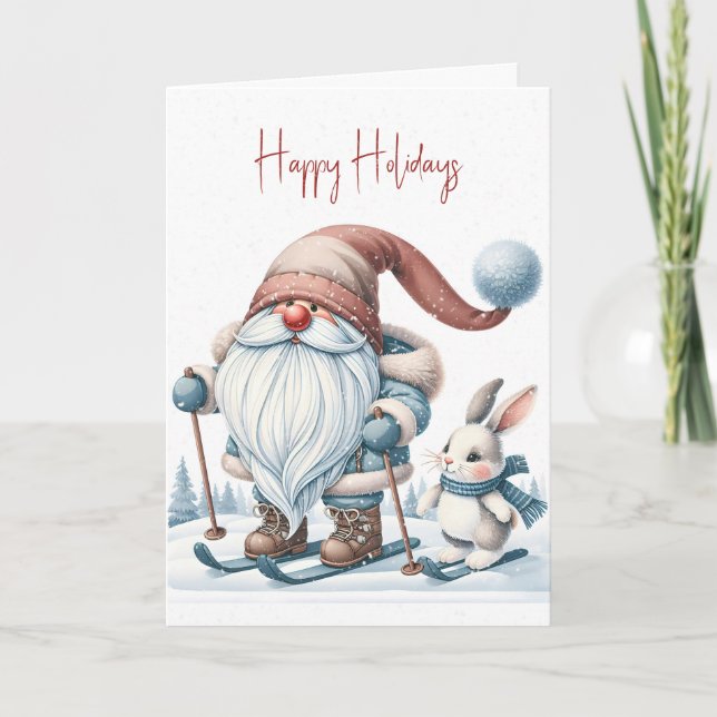 Cartes Pour Fêtes Annuelles Noël Gnome Ski avec un lapin (Devant)