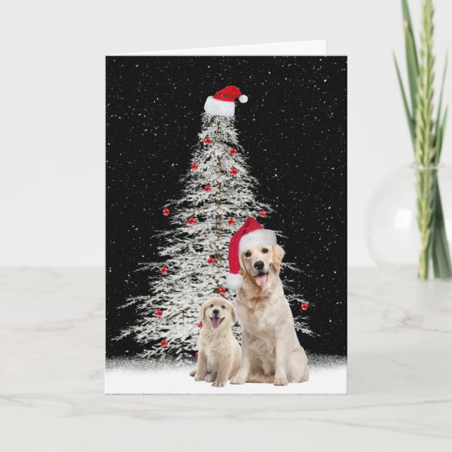 Cartes Pour Fêtes Annuelles Noël Golden Retriever avec arbre (Devant)