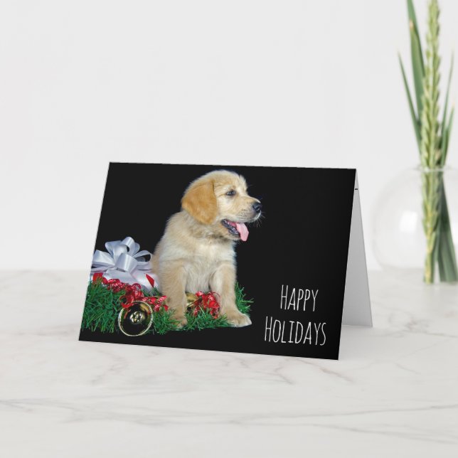 Cartes Pour Fêtes Annuelles Noël Golden Retriever avec cadeau (Devant)