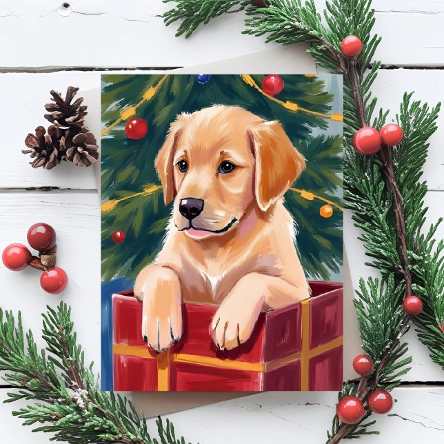 Cartes Pour Fêtes Annuelles Noël Golden Retriever Puppy Present (Créateur téléchargé)