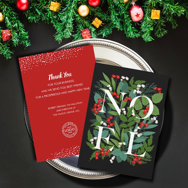Cartes Pour Fêtes Annuelles NOEL Greenery Salutation d'affaires (NOEL greenery business greeting holiday cards with your message and logo on the back)