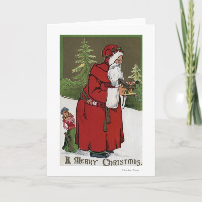 Cartes Pour Fêtes Annuelles Noël GreetingSanta avec le cheval en bois (Devant)
